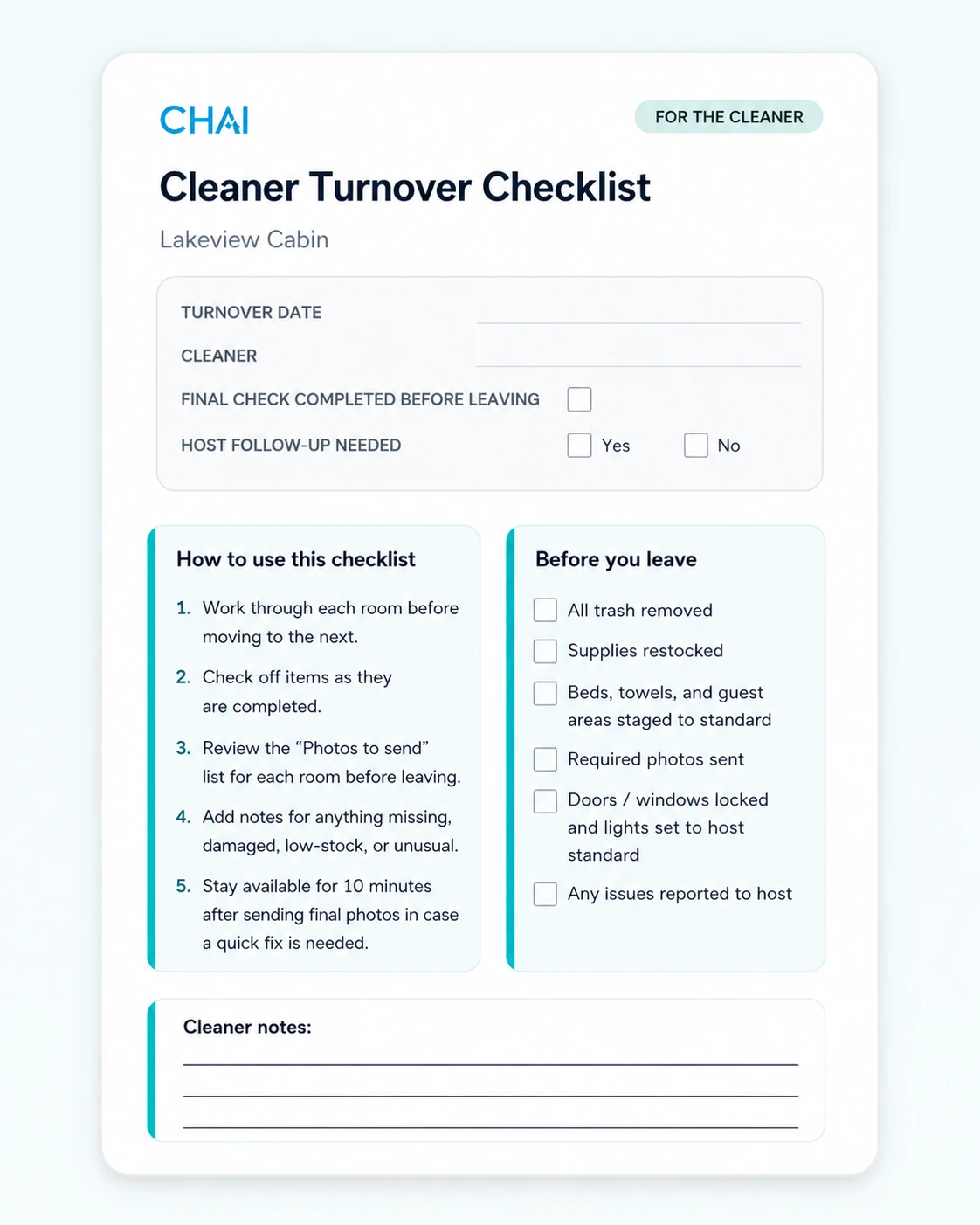 Preview of the Chai Guest-Ready QC Kit cleaner checklist page.