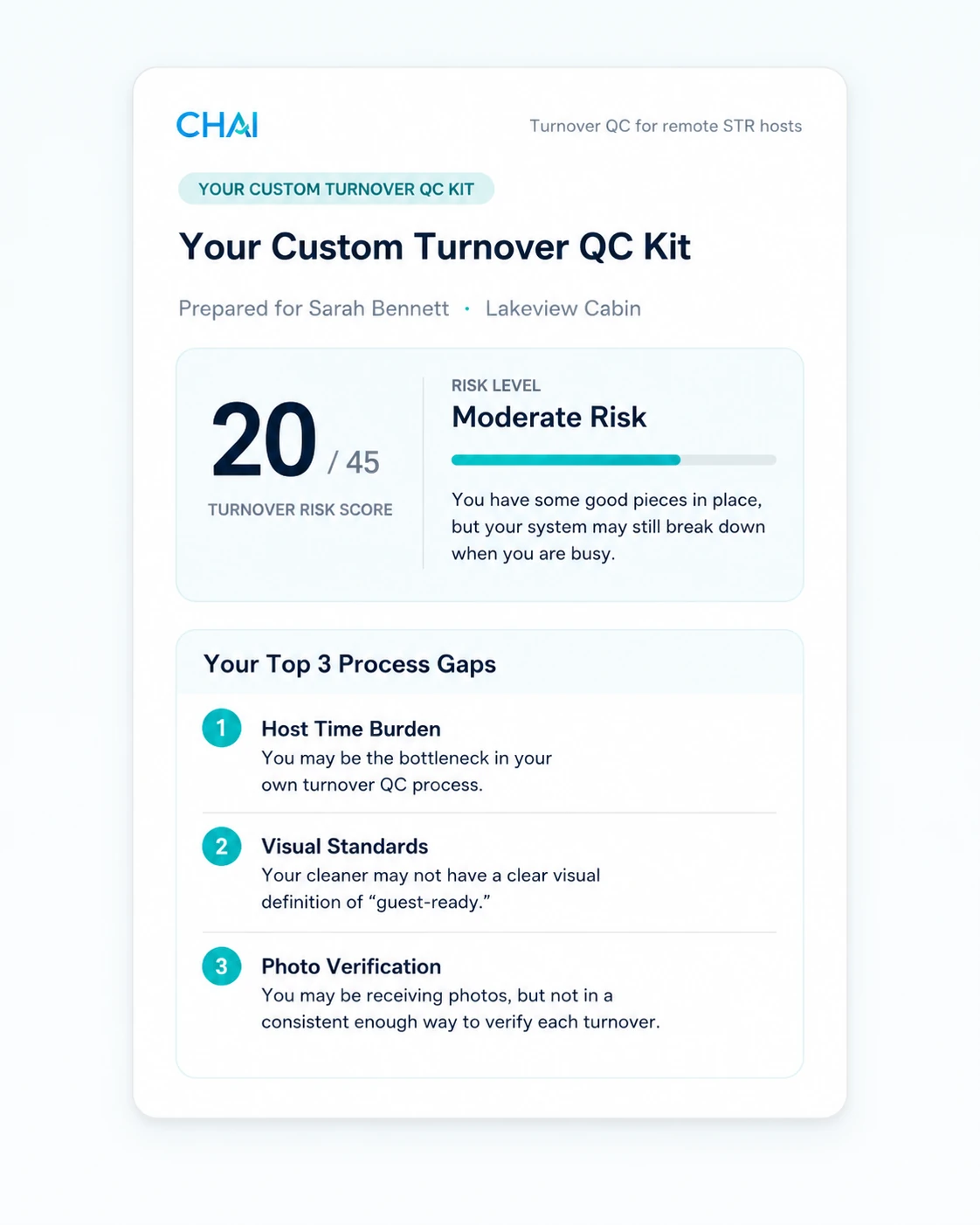 Preview of the Chai Guest-Ready QC Kit with risk score, process gaps, and cleaner checklist.