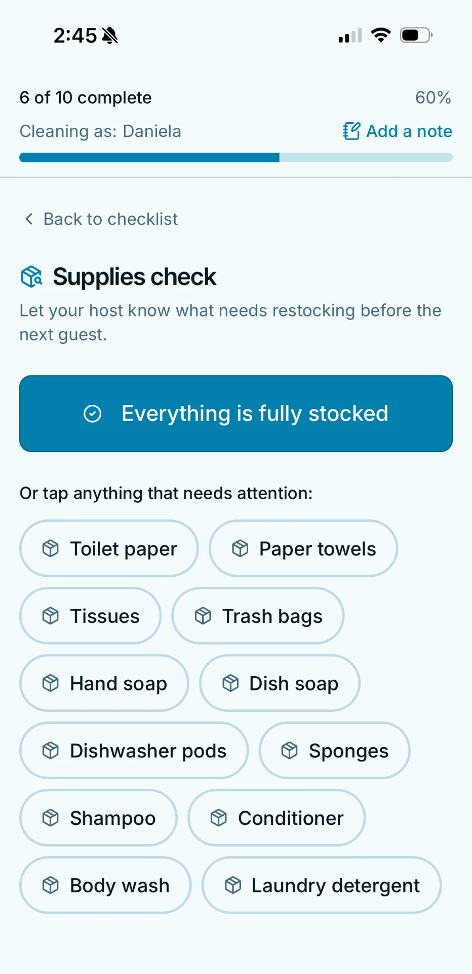 Chai supplies check screen with options for paper towels, shampoo, and other items that need restocking.