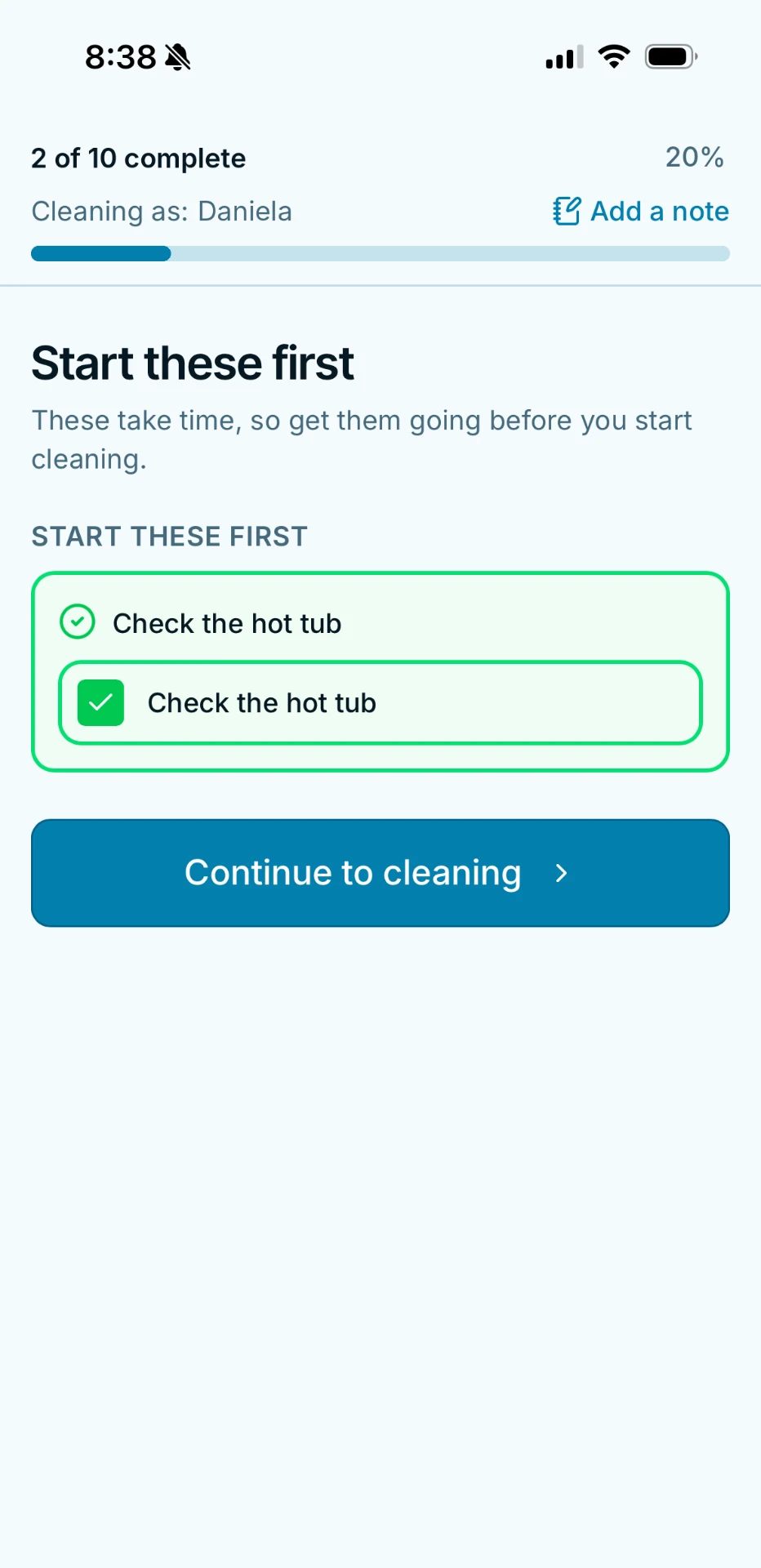 Chai cleaner screen showing a completed hot tub task under Start these first.