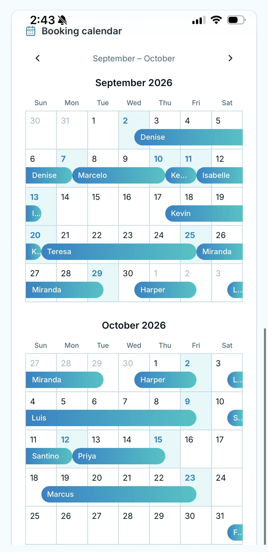 Chai booking calendar showing guest stays and cleaning days across two months.