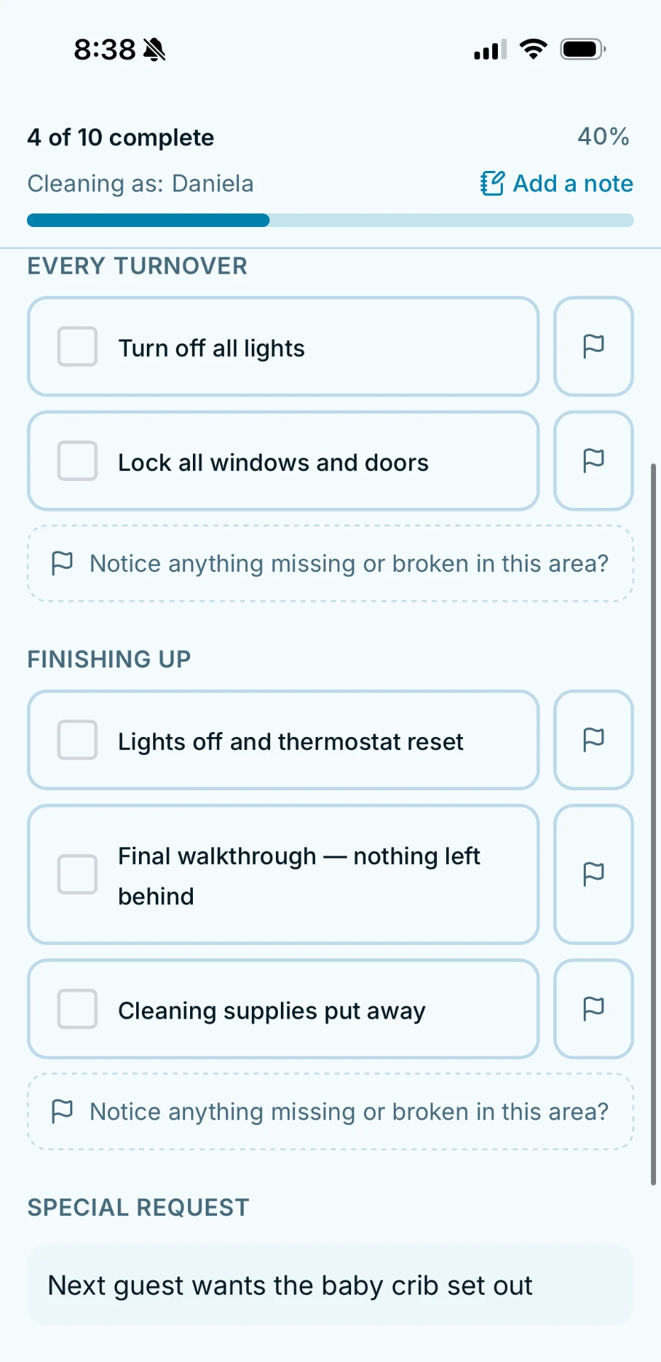 Chai manual checklist showing turnover tasks, issue flags, and a special request.