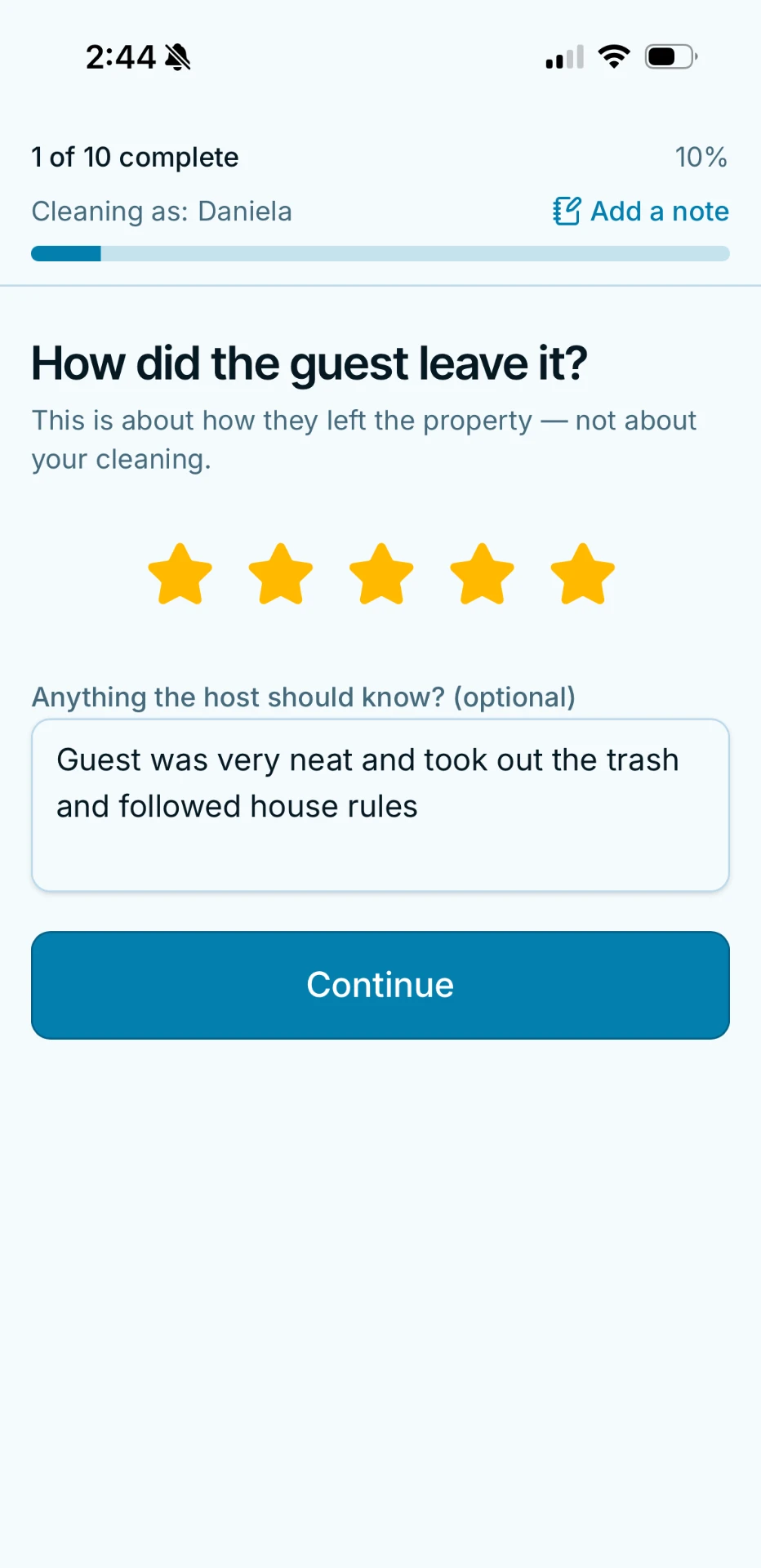 Chai screen asking how the guest left the property, with a five star rating and a note for the host.