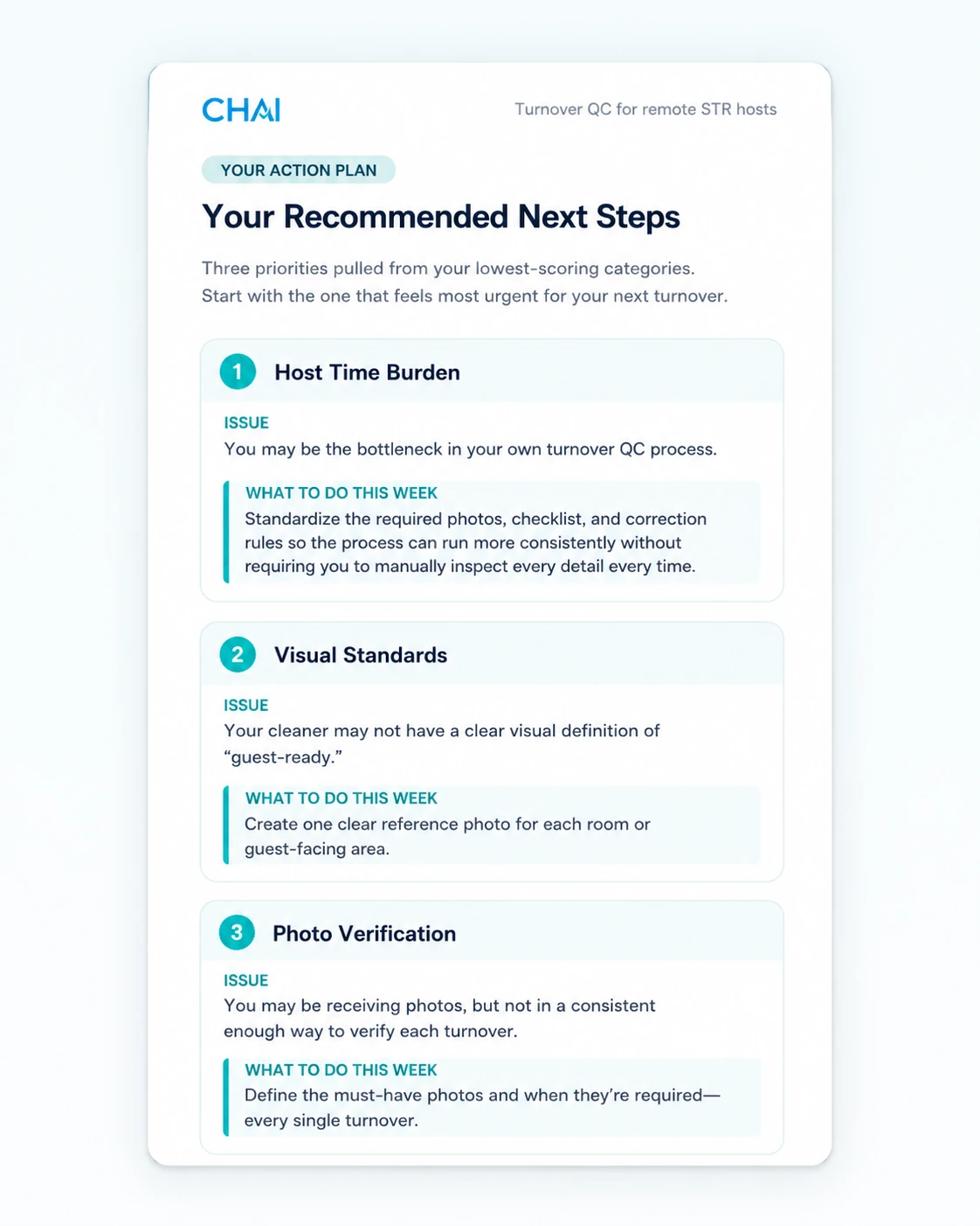 Preview of the Chai Guest-Ready QC Kit recommended next steps page.