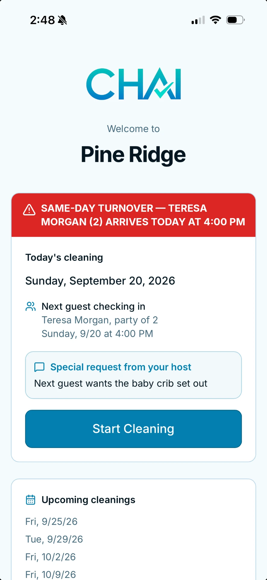 The Chai cleaner view on a phone, showing today's cleaning, the next guest, a special request from the host, and upcoming cleaning dates.