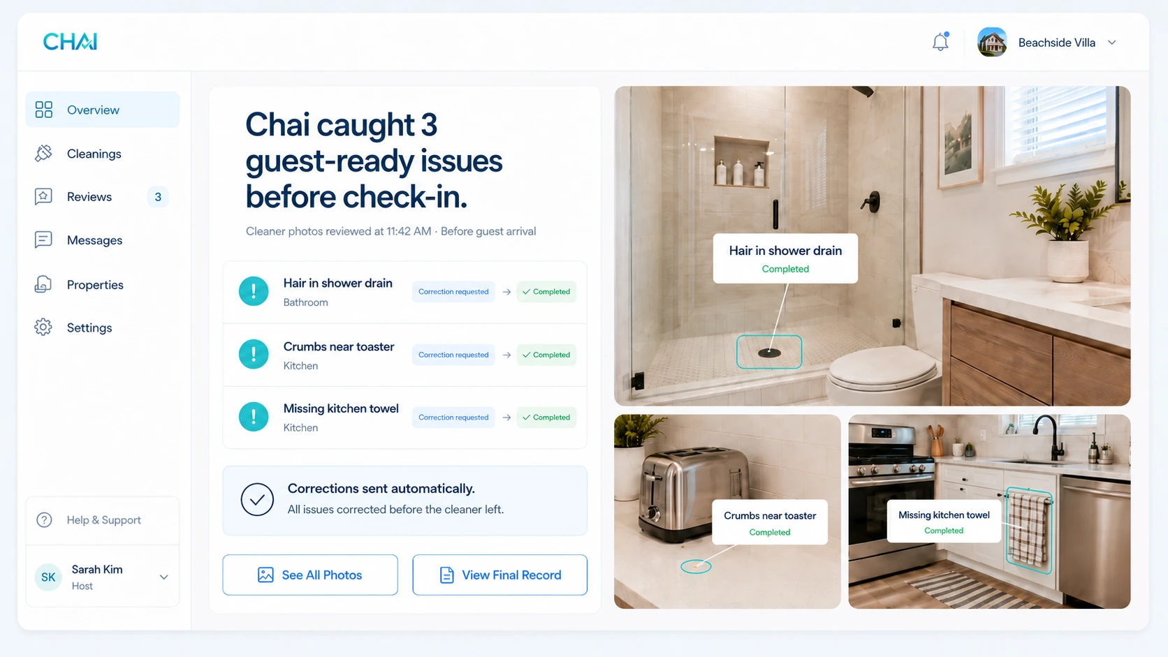 Chai host dashboard showing turnover status, cleaner photos, and issue alerts.