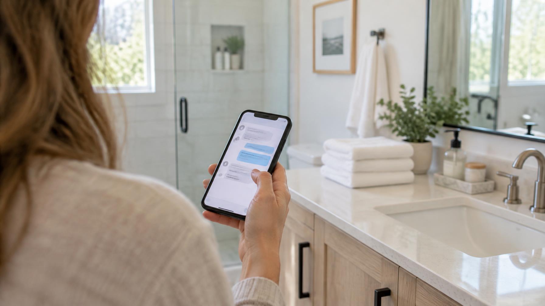 A host holding a phone with a guest message open, in front of a freshly cleaned vacation rental bathroom with folded white towels and a clear counter